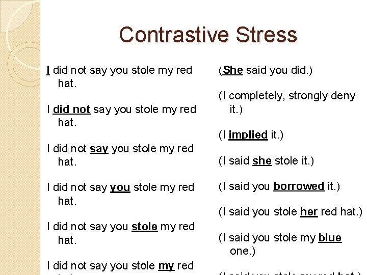 Contrastive Stress I did not say you stole my red hat. I did not