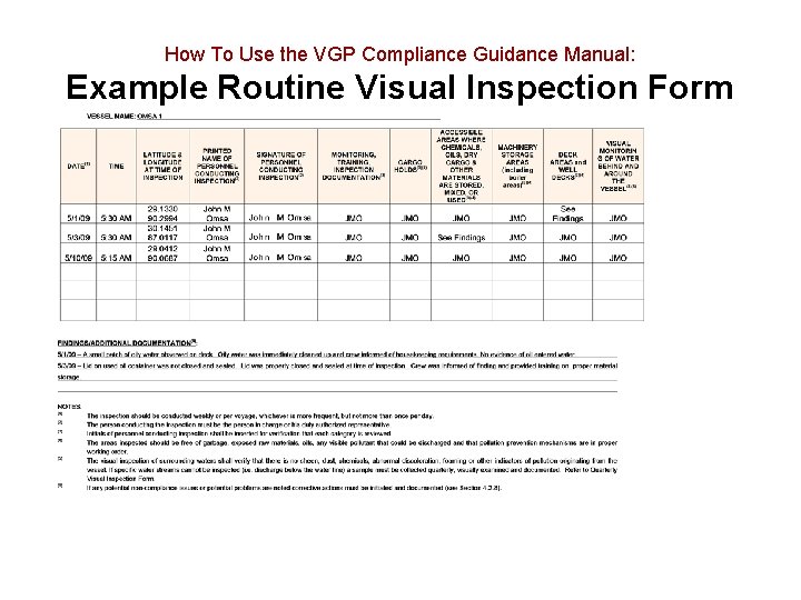 How To Use the VGP Compliance Guidance Manual: Example Routine Visual Inspection Form 