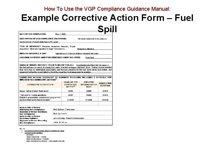 How To Use the VGP Compliance Guidance Manual: Example Corrective Action Form – Fuel