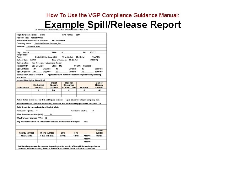How To Use the VGP Compliance Guidance Manual: Example Spill/Release Report 