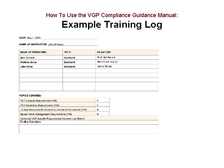 How To Use the VGP Compliance Guidance Manual: Example Training Log 