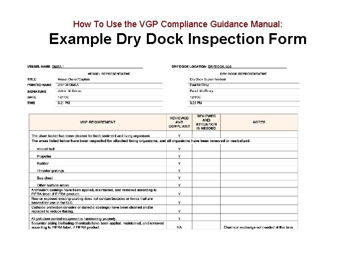 How To Use the VGP Compliance Guidance Manual: Example Dry Dock Inspection Form 