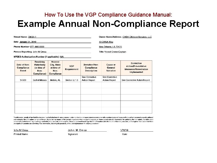 How To Use the VGP Compliance Guidance Manual: Example Annual Non-Compliance Report 
