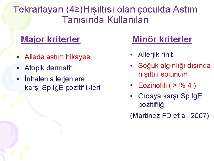 Tekrarlayan (4≥)Hışıltısı olan çocukta Astım Tanısında Kullanılan Major kriterler Minör kriterler • Ailede astım Tekrarlayan (4≥)Hışıltısı olan çocukta Astım Tanısında Kullanılan Major kriterler Minör kriterler • Ailede astım