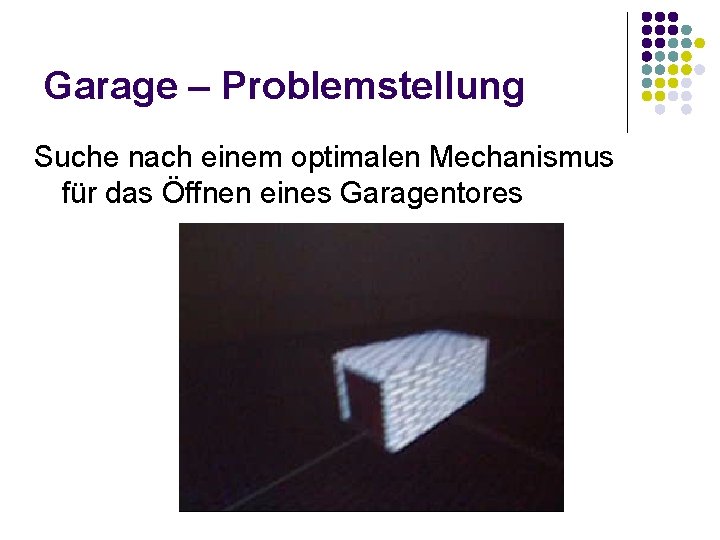 Garage – Problemstellung Suche nach einem optimalen Mechanismus für das Öffnen eines Garagentores 