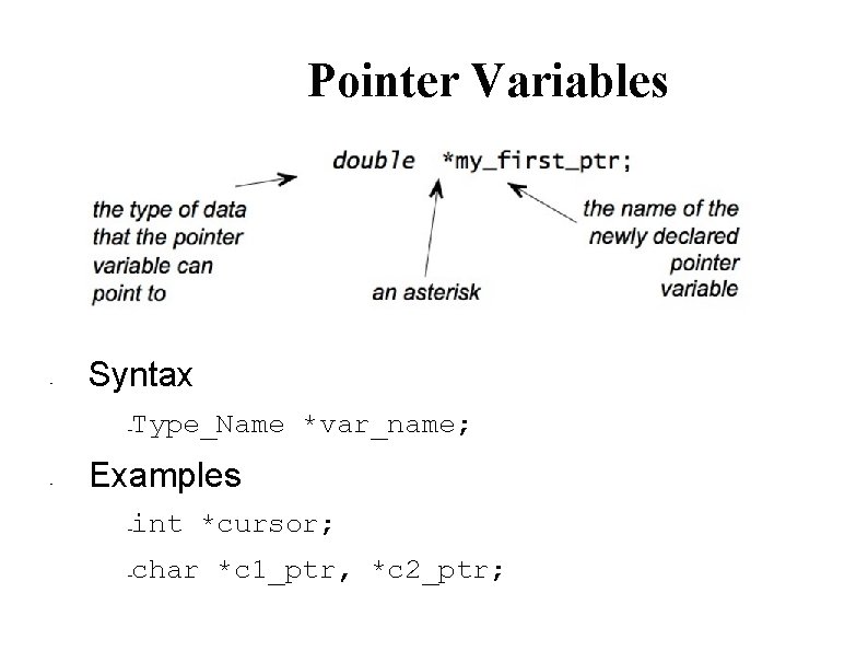Pointer Variables • Syntax Type_Name *var_name; – • Examples int *cursor; – char *c