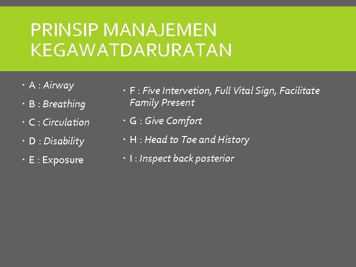 PRINSIP MANAJEMEN KEGAWATDARURATAN A : Airway B : Breathing F : Five Intervetion, Full