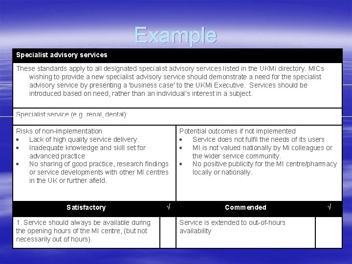 Example Specialist advisory services These standards apply to all designated specialist advisory services listed