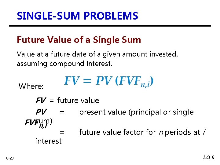 SINGLE-SUM PROBLEMS Future Value of a Single Sum Value at a future date of