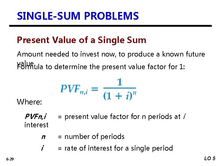 SINGLE-SUM PROBLEMS Present Value of a Single Sum Amount needed to invest now, to