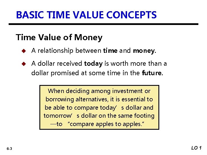 BASIC TIME VALUE CONCEPTS Time Value of Money u A relationship between time and