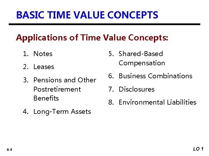 BASIC TIME VALUE CONCEPTS Applications of Time Value Concepts: 1. Notes 2. Leases 3.