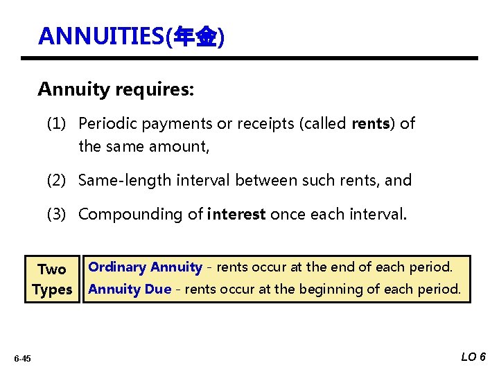 ANNUITIES(年金) Annuity requires: (1) Periodic payments or receipts (called rents) of the same amount,