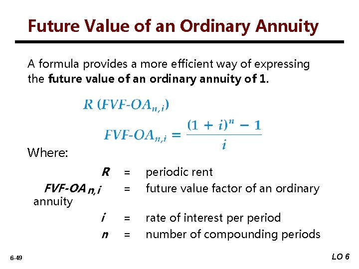 Future Value of an Ordinary Annuity A formula provides a more efficient way of