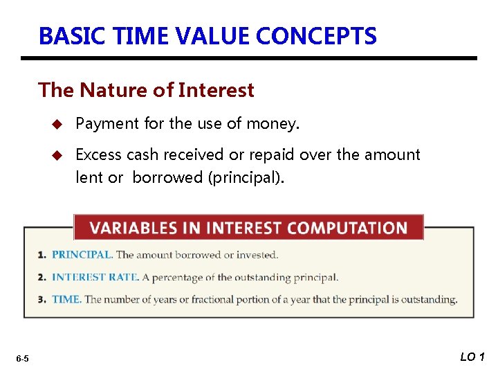 BASIC TIME VALUE CONCEPTS The Nature of Interest 6 -5 u Payment for the