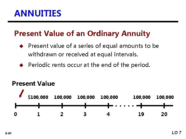 ANNUITIES Present Value of an Ordinary Annuity u Present value of a series of