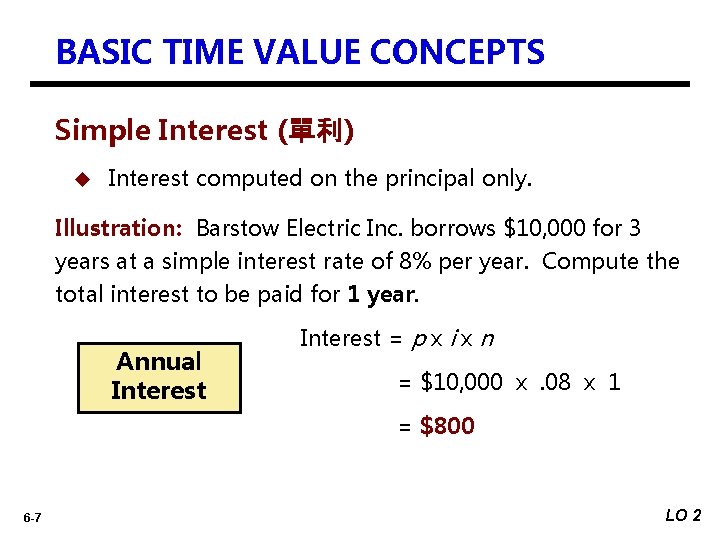 BASIC TIME VALUE CONCEPTS Simple Interest (單利) u Interest computed on the principal only.