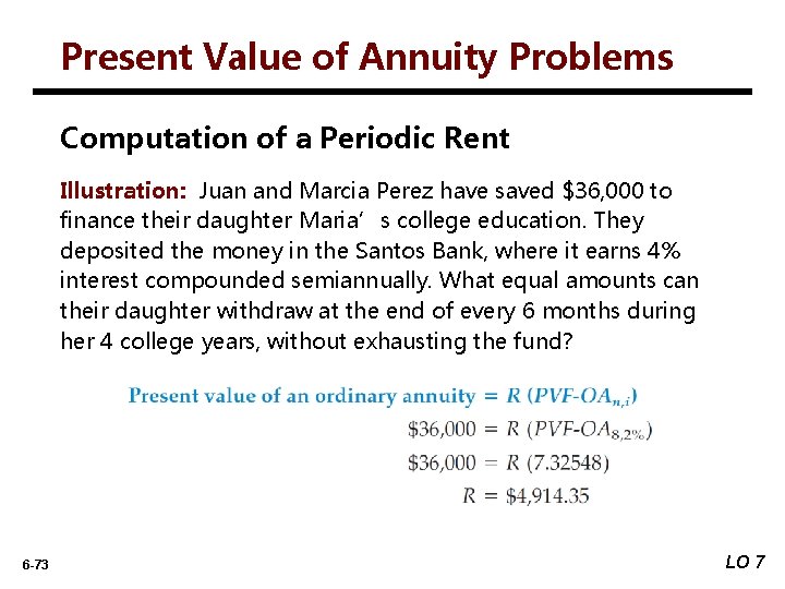 Present Value of Annuity Problems Computation of a Periodic Rent Illustration: Juan and Marcia