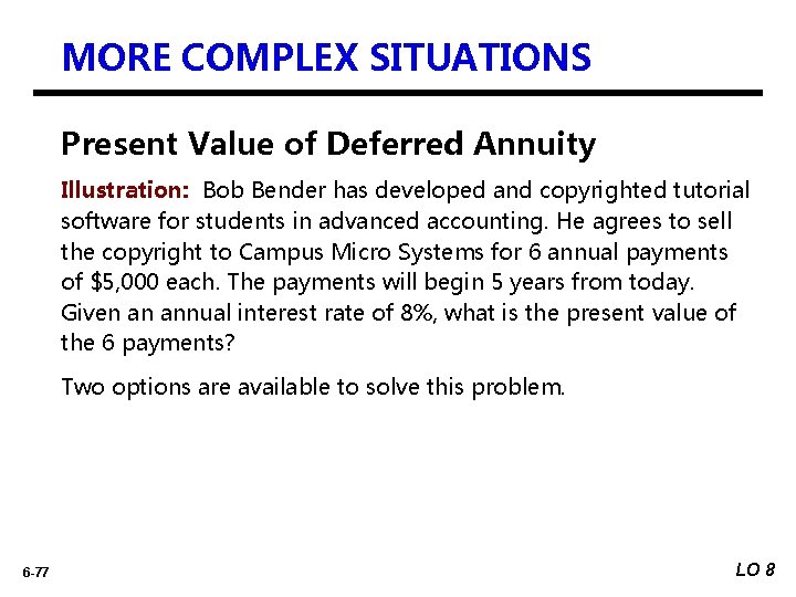 MORE COMPLEX SITUATIONS Present Value of Deferred Annuity Illustration: Bob Bender has developed and