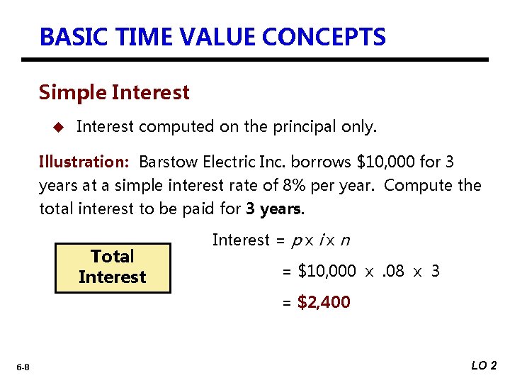 BASIC TIME VALUE CONCEPTS Simple Interest u Interest computed on the principal only. Illustration: