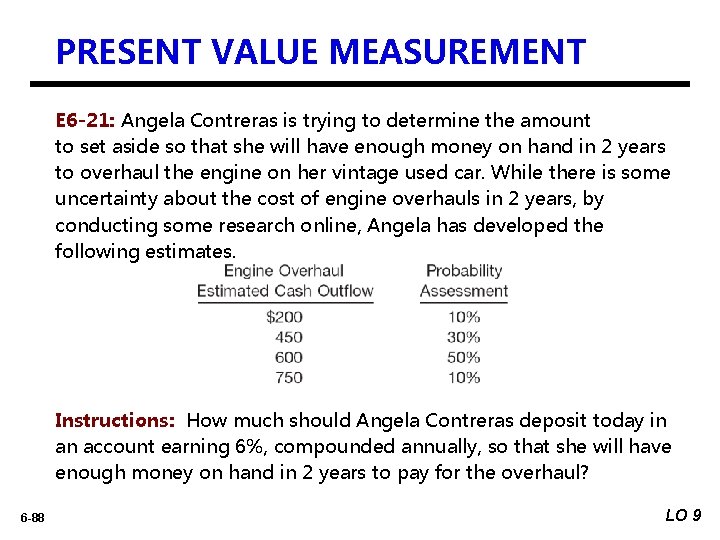 PRESENT VALUE MEASUREMENT E 6 -21: Angela Contreras is trying to determine the amount