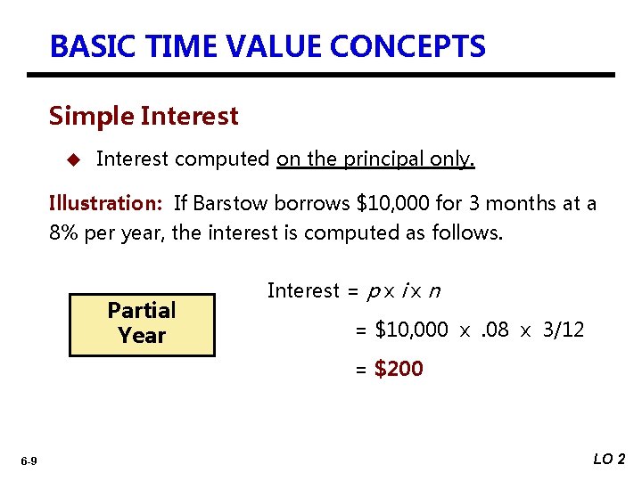 BASIC TIME VALUE CONCEPTS Simple Interest u Interest computed on the principal only. Illustration: