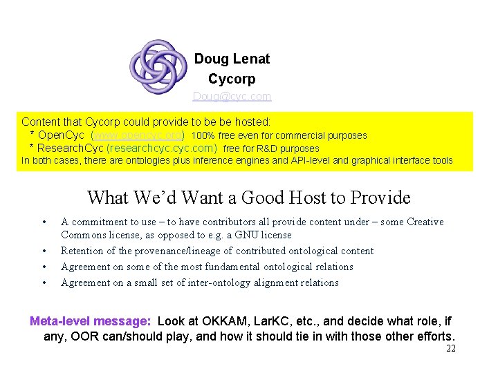 Doug Lenat Cycorp Doug@cyc. com Content that Cycorp could provide to be be hosted: