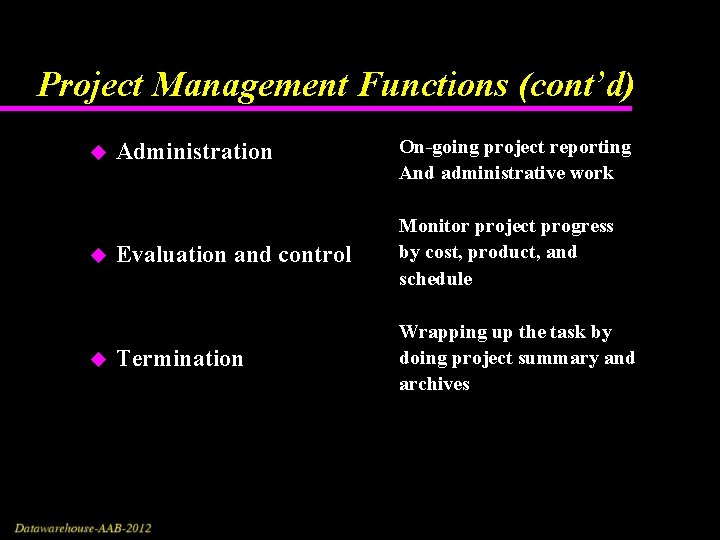 Project Management Functions (cont’d) u u u Administration On-going project reporting And administrative work