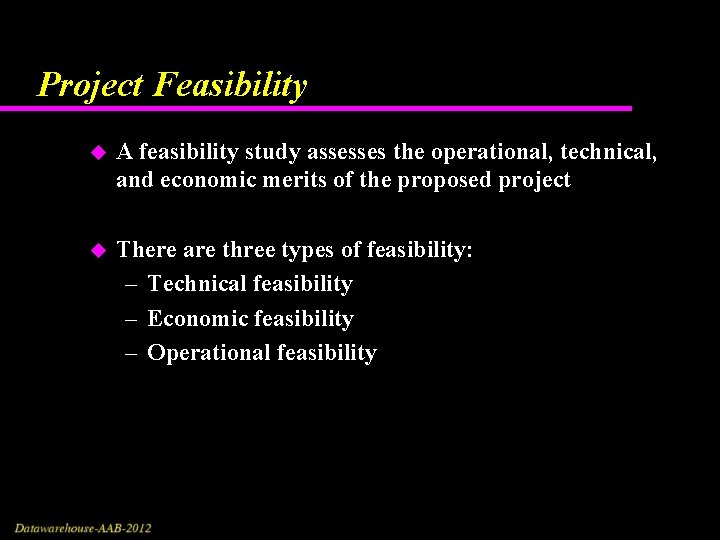 Project Feasibility u A feasibility study assesses the operational, technical, and economic merits of