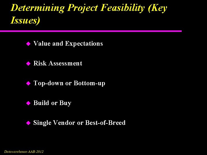 Determining Project Feasibility (Key Issues) u Value and Expectations u Risk Assessment u Top-down