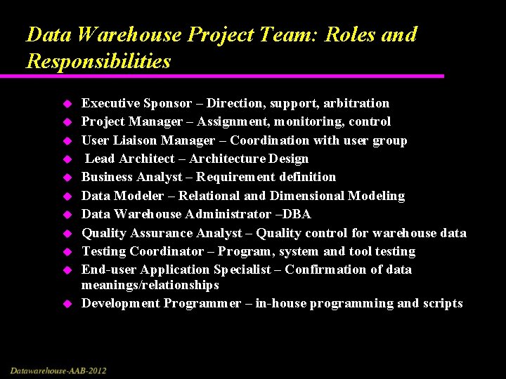 Data Warehouse Project Team: Roles and Responsibilities u u u Executive Sponsor – Direction,