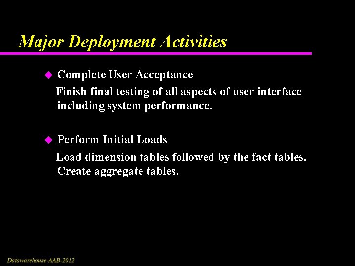 Major Deployment Activities Complete User Acceptance Finish final testing of all aspects of user