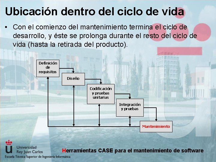 Ubicación dentro del ciclo de vida • Con el comienzo del mantenimiento termina el