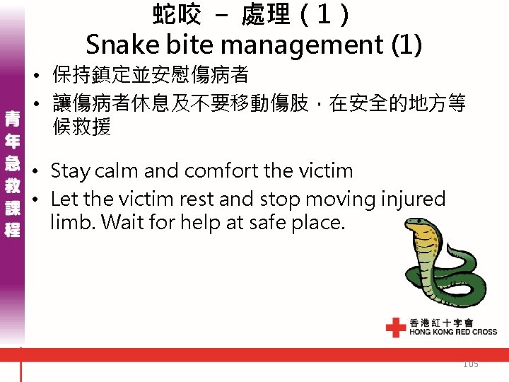 蛇咬 - 處理(1) Snake bite management (1) • 保持鎮定並安慰傷病者 • 讓傷病者休息及不要移動傷肢,在安全的地方等 候救援 • Stay 蛇咬 - 處理(1) Snake bite management (1) • 保持鎮定並安慰傷病者 • 讓傷病者休息及不要移動傷肢,在安全的地方等 候救援 • Stay