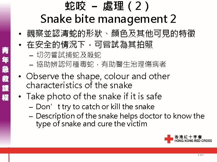 蛇咬 - 處理(2) Snake bite management 2 • 觀察並認清蛇的形狀、顏色及其他可見的特徵 • 在安全的情況下,可嘗試為其拍照 – 切勿嘗試捕蛇及殺蛇 – 蛇咬 - 處理(2) Snake bite management 2 • 觀察並認清蛇的形狀、顏色及其他可見的特徵 • 在安全的情況下,可嘗試為其拍照 – 切勿嘗試捕蛇及殺蛇 –