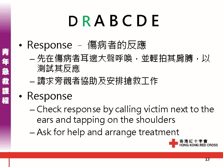 DRABCDE • Response - 傷病者的反應 – 先在傷病者耳邊大聲呼喚，並輕拍其肩膊，以 測試其反應 – 請求旁觀者協助及安排搶救 作 • Response –