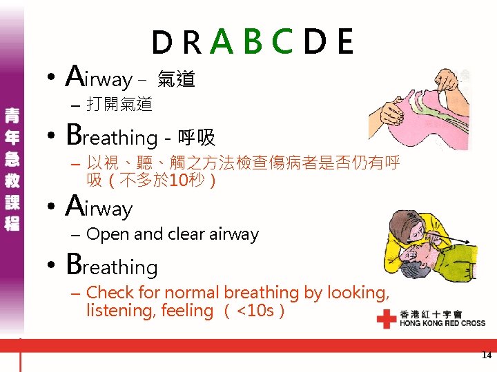  • Airway - DRABCDE 氣道 – 打開氣道 • Breathing - 呼吸 – 以視、聽、觸之方法檢查傷病者是否仍有呼