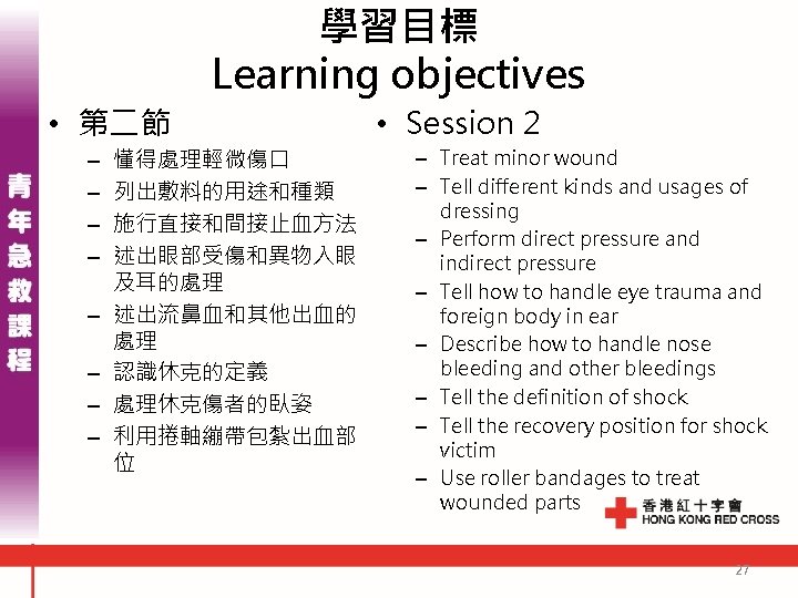 學習目標 Learning objectives • 第二節 – – – – 懂得處理輕微傷口 列出敷料的用途和種類 施行直接和間接止血方法 述出眼部受傷和異物入眼 及耳的處理