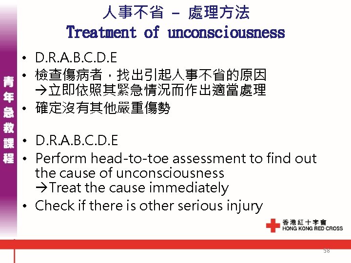 人事不省 - 處理方法 Treatment of unconsciousness • D. R. A. B. C. D. E