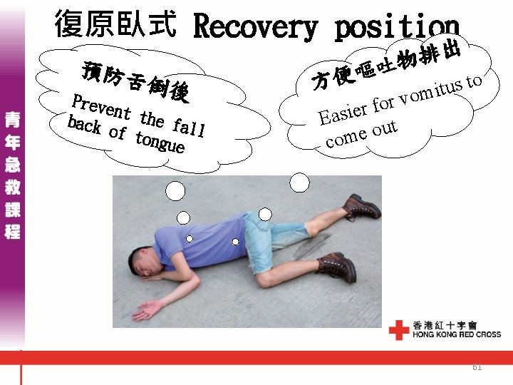 復原臥式 Recovery position 預防舌 倒後 Preve nt th e fa l back l of