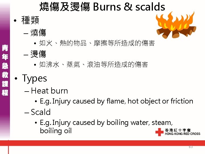 燒傷及燙傷 Burns & scalds • 種類 – 燒傷 • 如火、熱的物品、摩擦等所造成的傷害 – 燙傷 • 如沸水、蒸氣、滾油等所造成的傷害