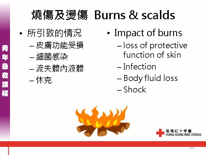 燒傷及燙傷 Burns & scalds • 所引致的情況 – 皮膚功能受損 – 細菌感染 – 流失體內液體 – 休克