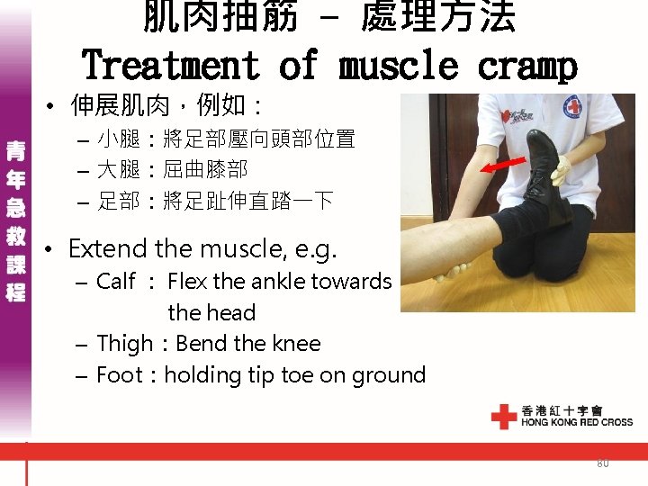 肌肉抽筋 - 處理方法 Treatment of muscle cramp • 伸展肌肉，例如： – 小腿：將足部壓向頭部位置 – 大腿：屈曲膝部 –