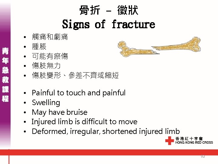 骨折 - 徵狀 Signs of fracture • • • 觸痛和劇痛 腫脹 可能有瘀傷 傷肢無力 傷肢變形、參差不齊或縮短