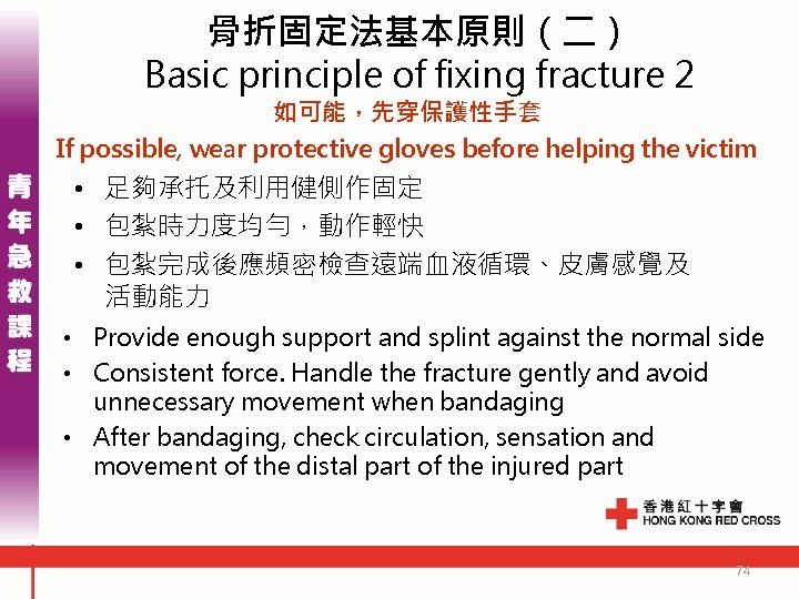 骨折固定法基本原則（二） Basic principle of fixing fracture 2 如可能，先穿保護性手套 If possible, wear protective gloves before