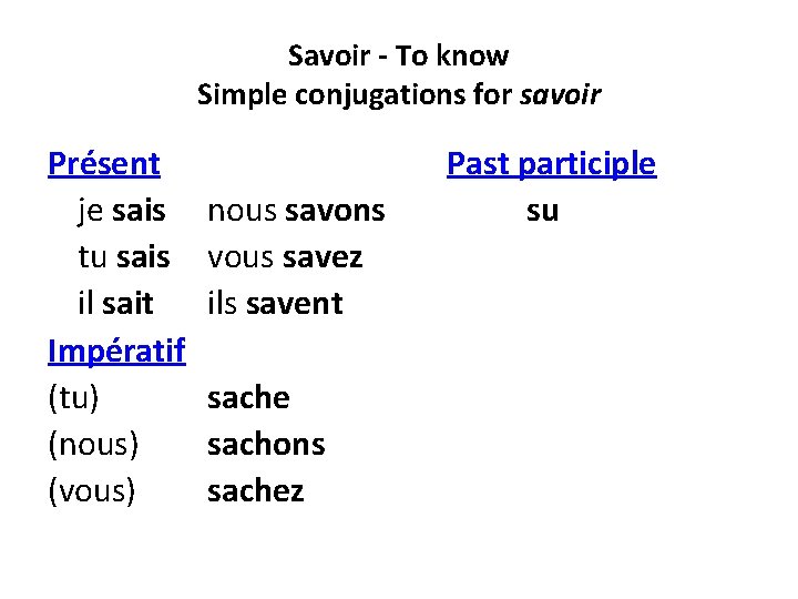 Savoir - To know Simple conjugations for savoir Présent je sais tu sais il Savoir - To know Simple conjugations for savoir Présent je sais tu sais il