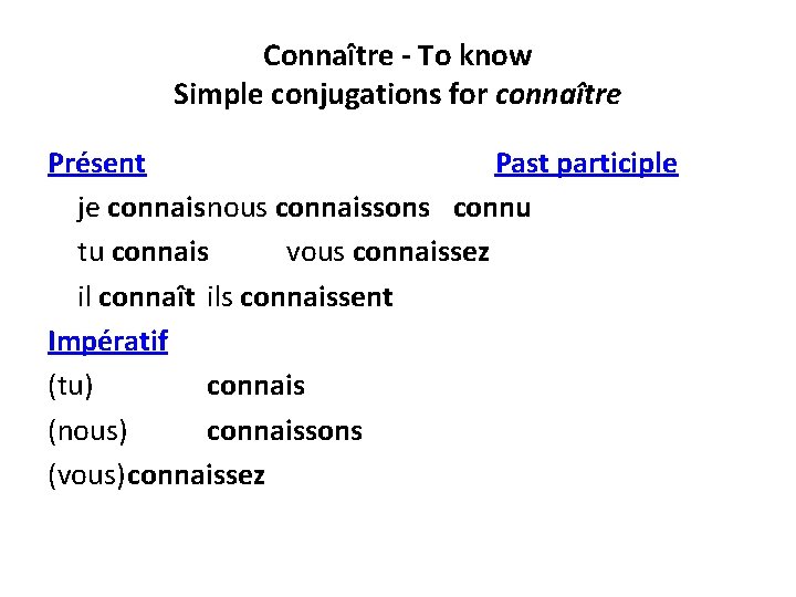Connaître - To know Simple conjugations for connaître Présent Past participle je connaisnous connaissons Connaître - To know Simple conjugations for connaître Présent Past participle je connaisnous connaissons