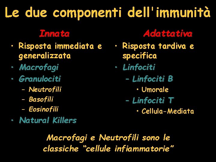 Le due componenti dell'immunità Innata • Risposta immediata e generalizzata • Macrofagi • Granulociti