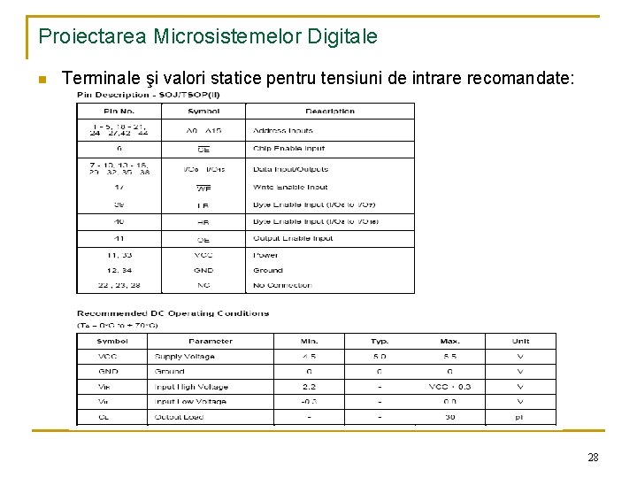 Proiectarea Microsistemelor Digitale n Terminale şi valori statice pentru tensiuni de intrare recomandate: 28