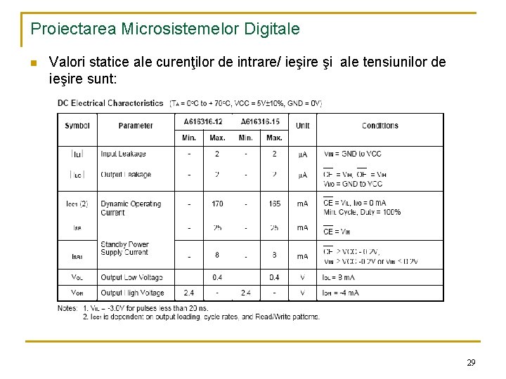 Proiectarea Microsistemelor Digitale n Valori statice ale curenţilor de intrare/ ieşire şi ale tensiunilor